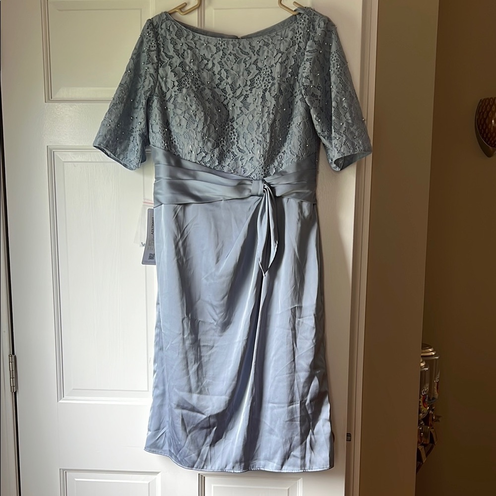Azazie Lace Overlay Midi Dress in Dusty Blue